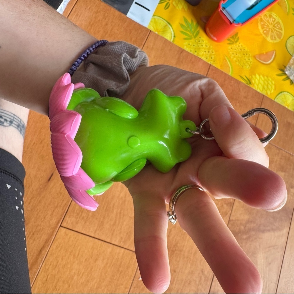 Vibrant Green Frog Yoga with Pink Petals Sanitizer Key Chain - Picture 3 of 5